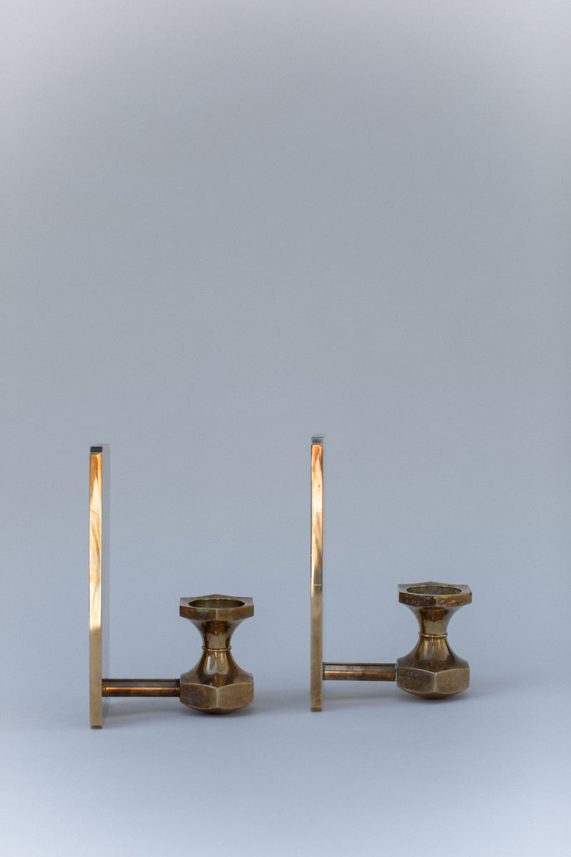 Brutalist brass candle sconces pair, geometric detail view