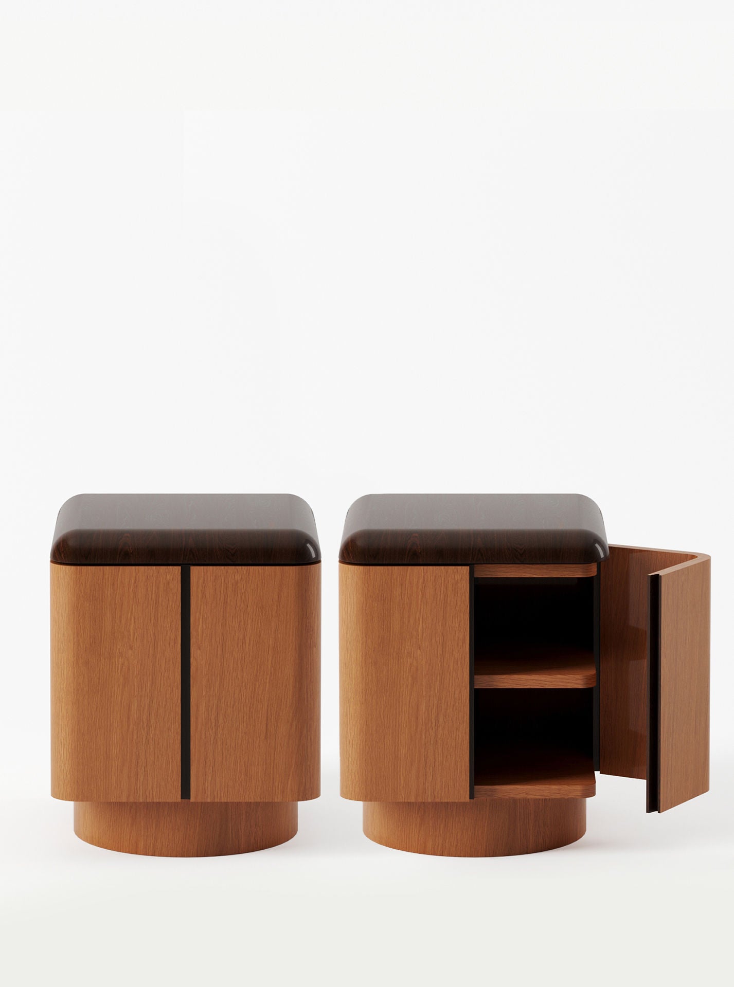 Two cylindrical wooden Lemon side tables with polished walnut tops, one open to reveal interior shelves, against a white background.