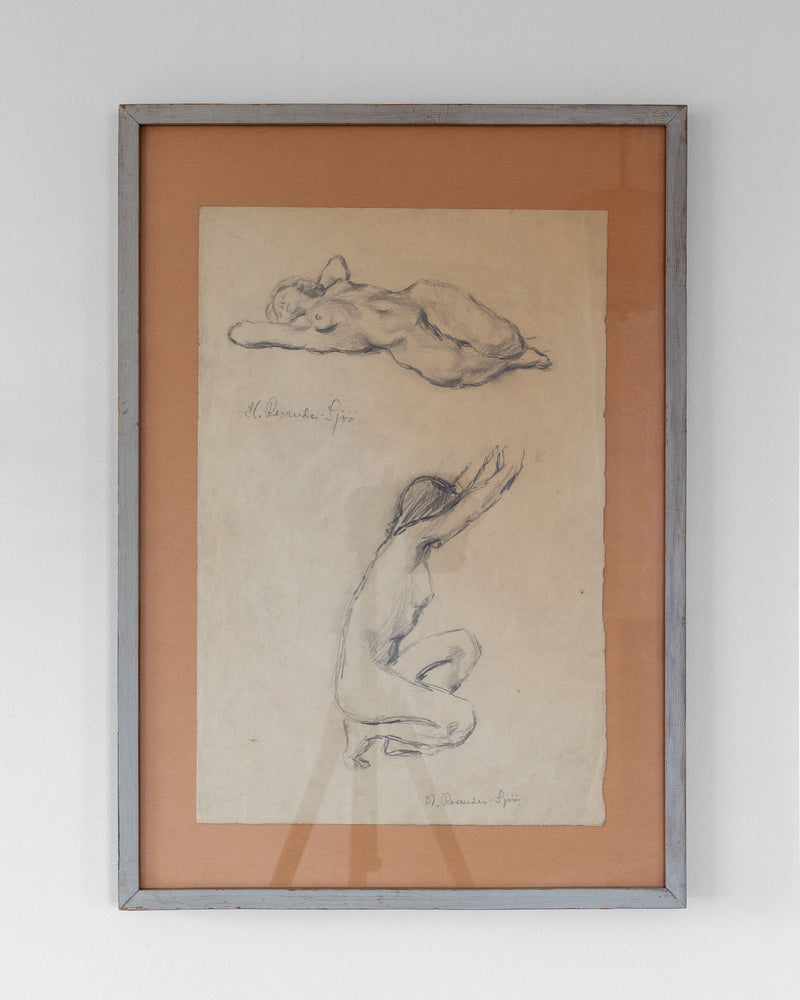 The Spigel "Nude Drawing Study I, 1940s" is a framed artwork showcasing two vintage sketches by Harriet Rosander de Tourtchaninoff. The top sketch captures a reclining figure with arms folded over their head, and the bottom portrays a seated female form study stretching with arms raised. Both drawings are on aged paper and are signed by the artist.