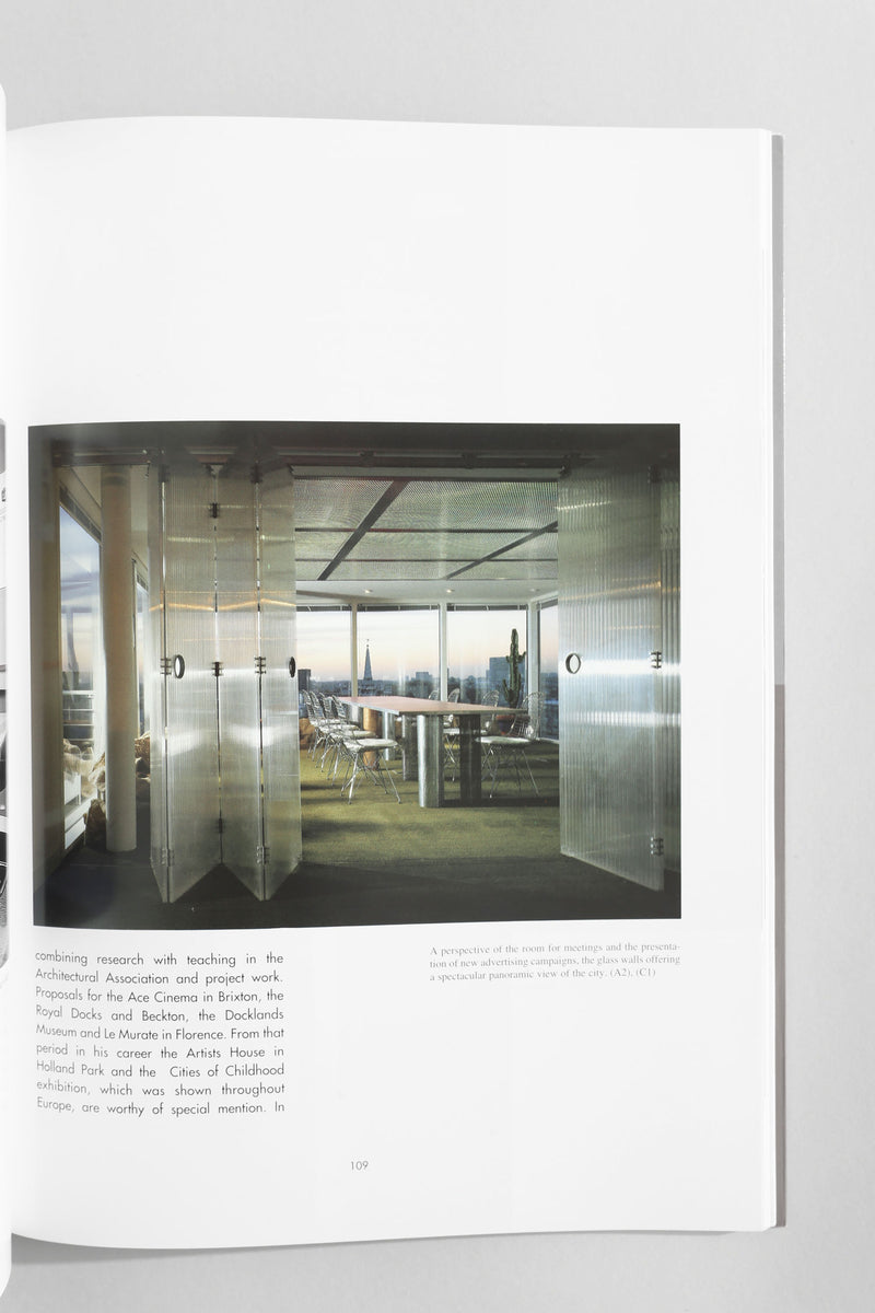 A photograph from Villa's 'Commercial Space: Offices, Design and Layout' book highlights a modern conference room with glass walls, a long table, and chairs bathed in natural light from expansive windows.
