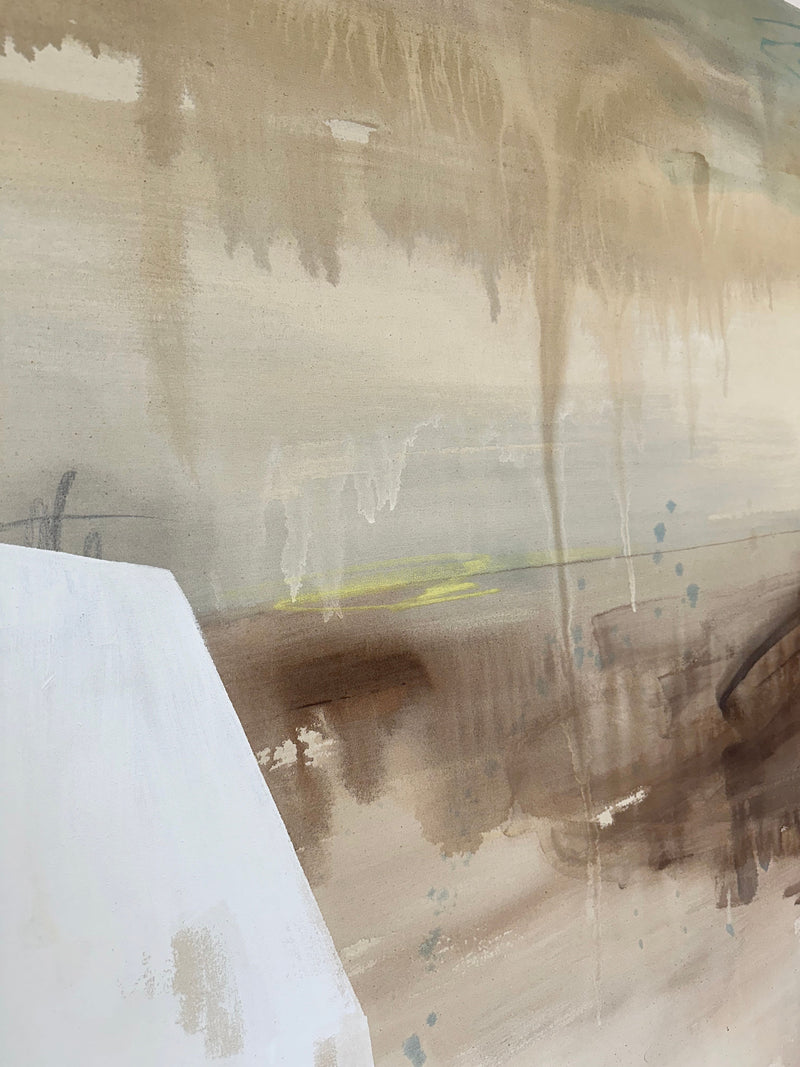 Abstract beige painting detail with white geometric form by Paula Piquet