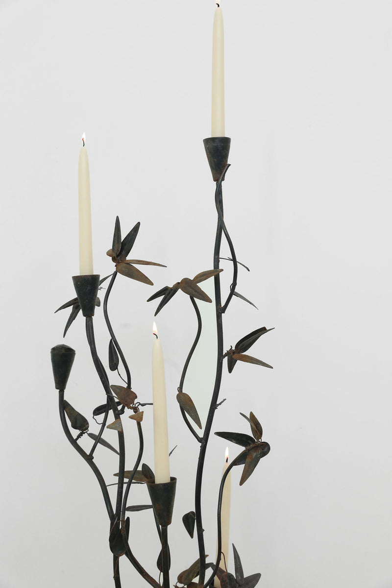 Wrought iron botanical candelabra with twisted branches and leaves
