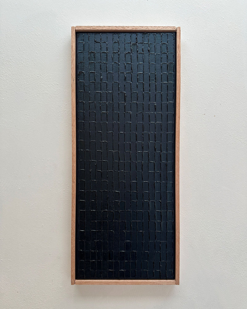 Prussian blue textured painting in wooden frame by Roi Elmaliah