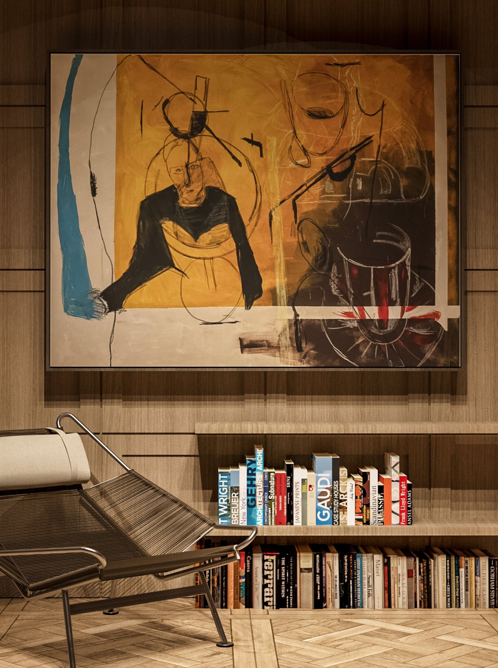 A modern room with a mesh chair, a bookshelf filled with various books, and a large abstract painting on the wall. The painting showcases abstract forms with bold lines and shapes in yellow, blue, black, and white. The floor has a parquet pattern. Perfect for contemporary mealtime settings with "Dinner" by Dovile Bernotaite.