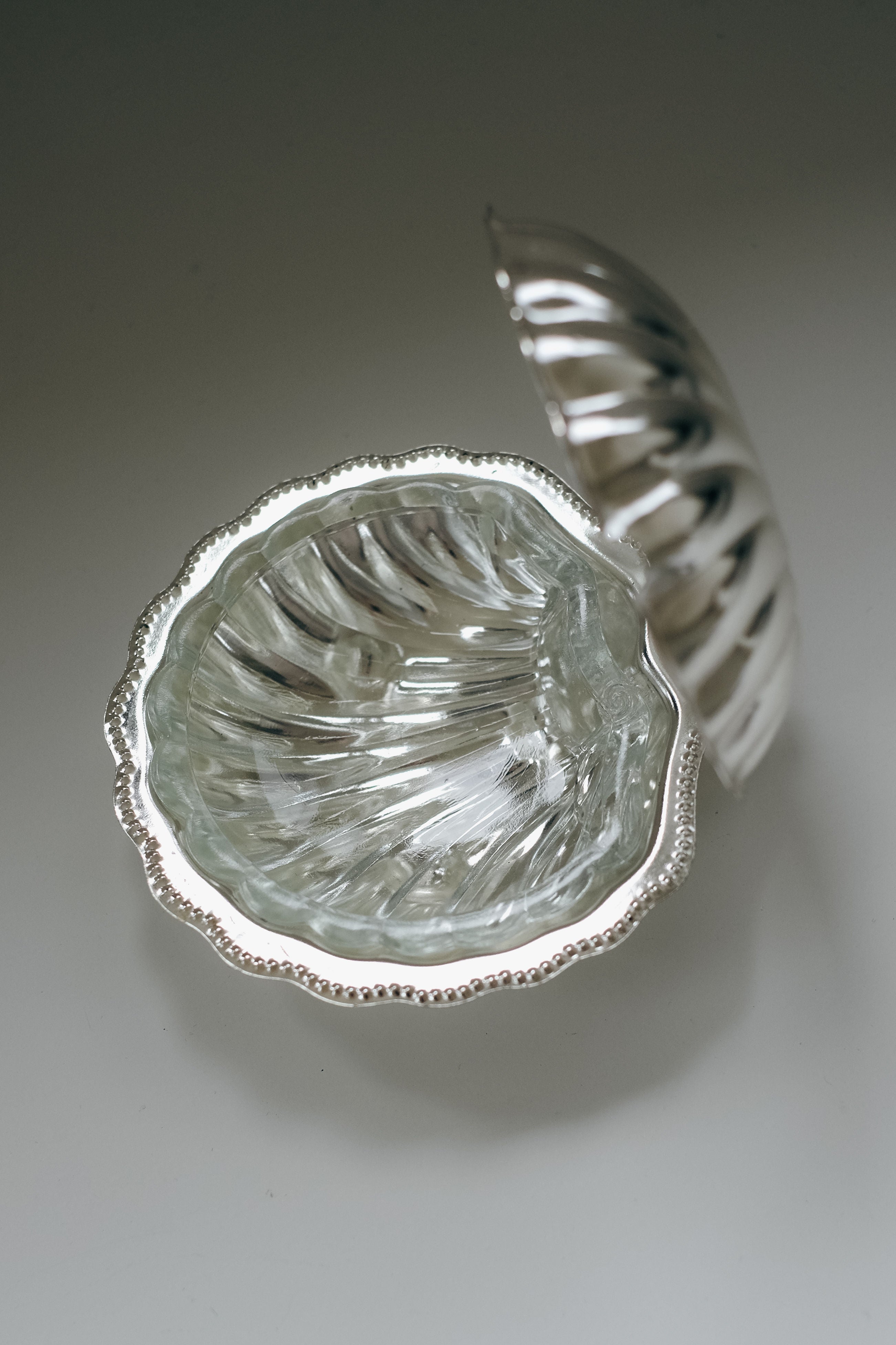 Septembre studios' Shell Shaped Butter Dish boasts an open, seashell design with a silver, pearlescent interior, intricate swirling patterns, and a textured scalloped edge. The lid rests slightly ajar and elegantly reflects light alongside its removable glass insert.