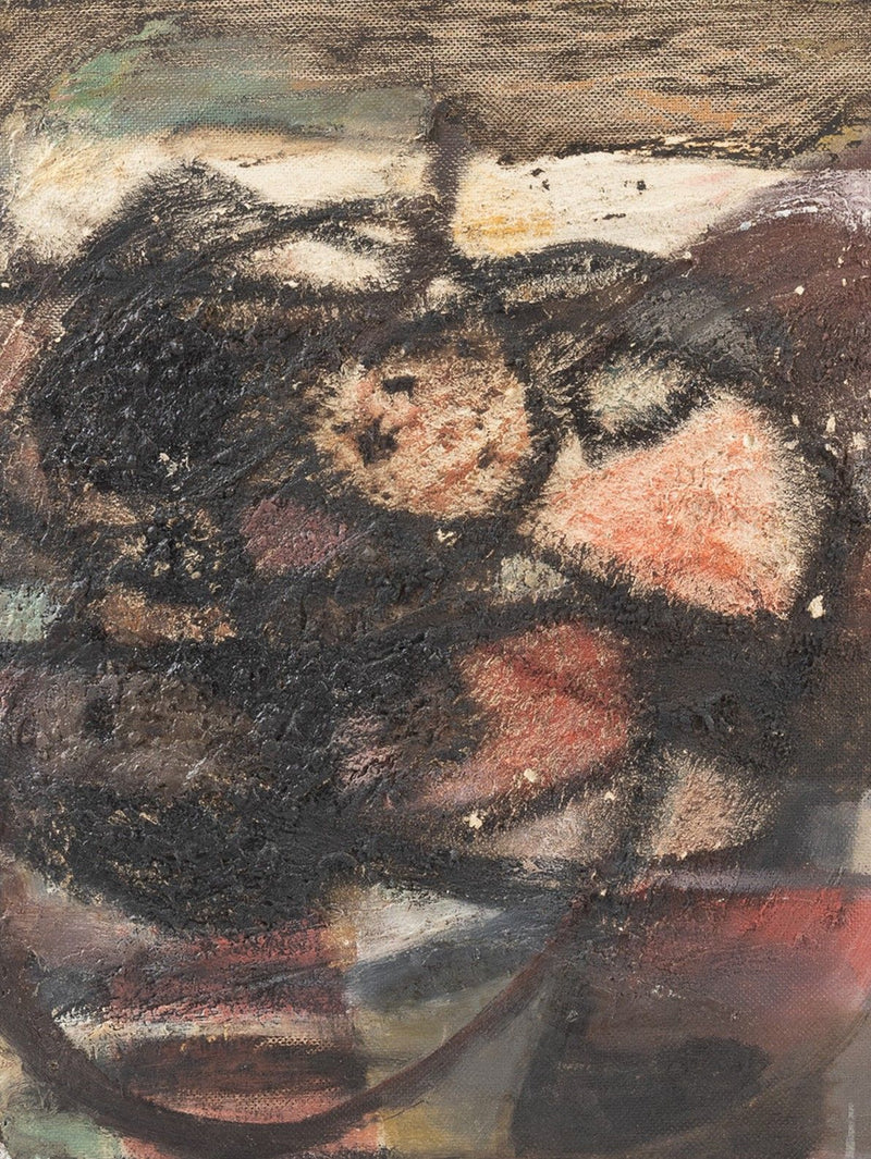 Abstract oil painting detail showing dark textured brushstrokes on canvas