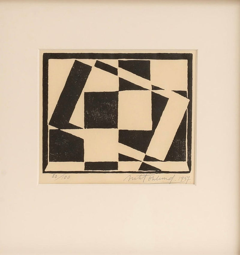 The Midcentury Silkscreen by Bertil Ohlund for Médecine features abstract black and white checkerboard patterns with diagonal rectangles, signed and numbered "1957"—a striking example of 1957 silkscreen art.