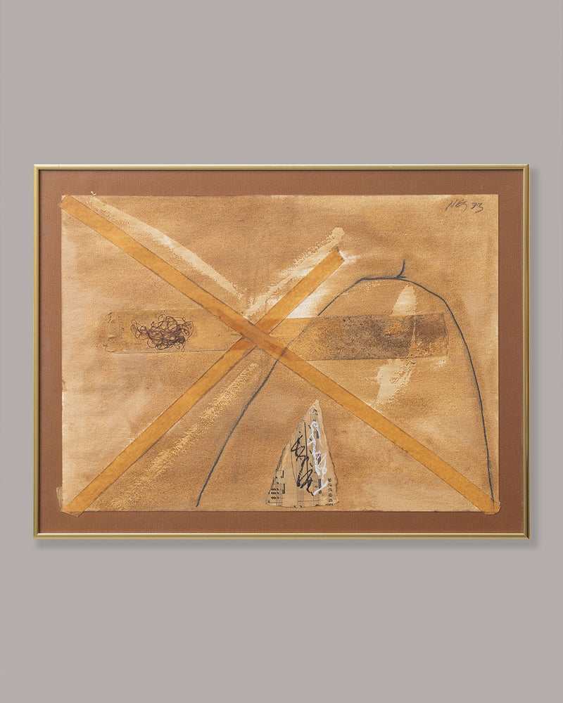 Abstract geometric composition painting with crossed orange beams by Aramis Ney