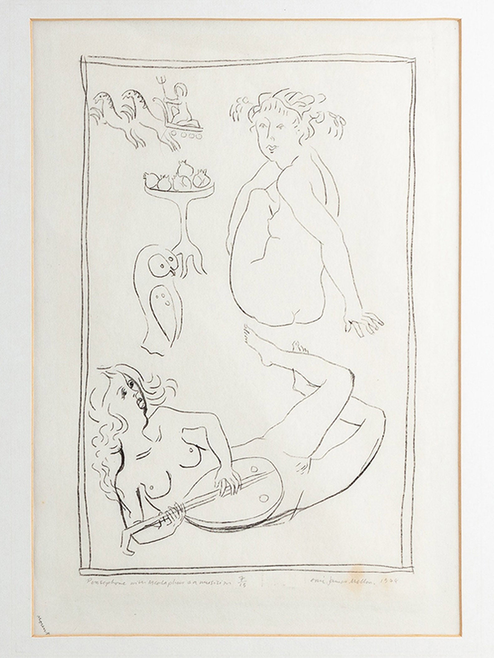 The Limited Edition Lithograph 1 by Eric James Mellon from RELIC LONDON displays abstract, fluid forms in a mythological scene. It shows two stylized figures: one reclining with a lute, another in a playful pose above. A bird-like shape and fruit bowl add depth through minimalist curves and simplicity.