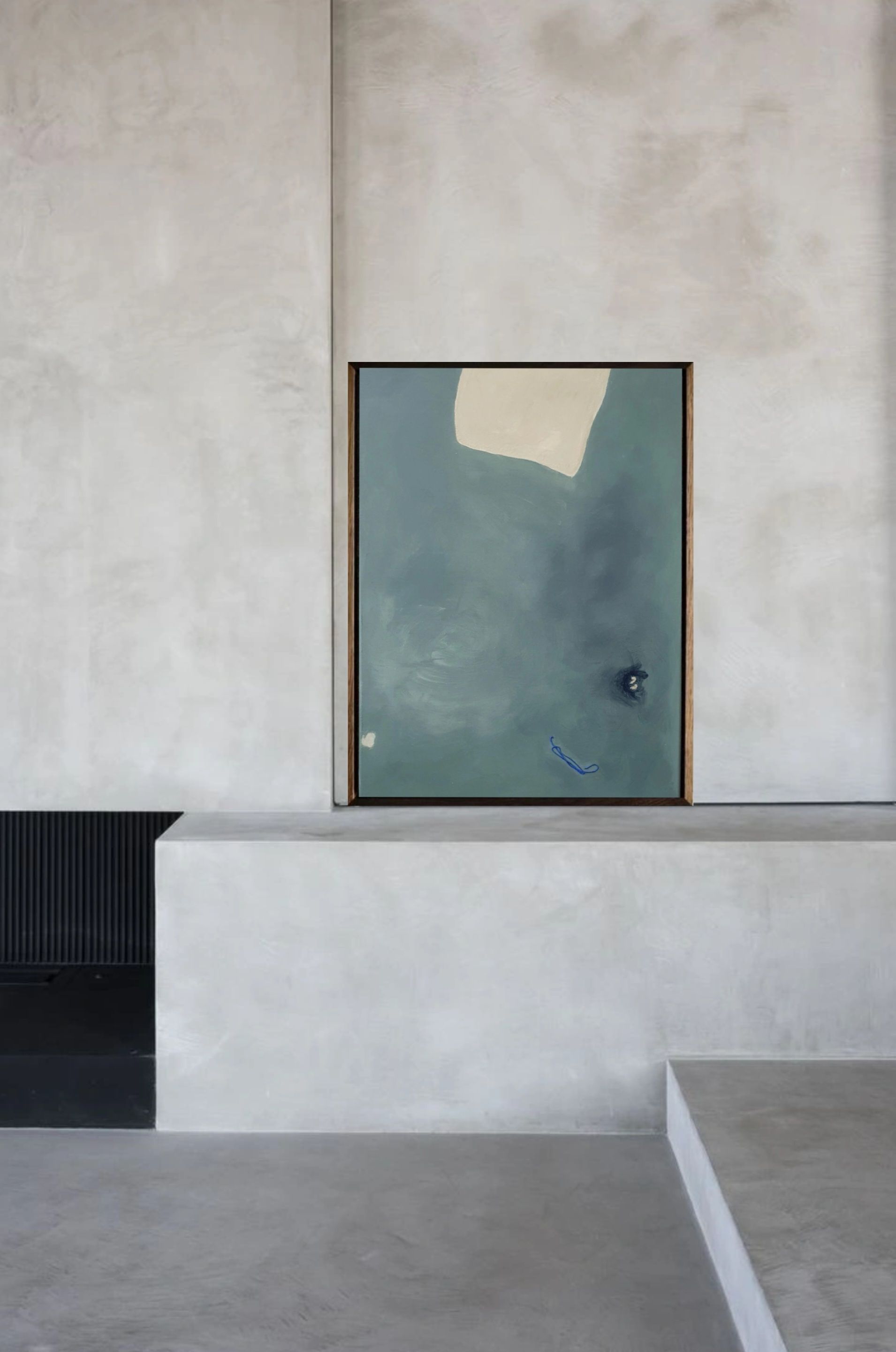 Let go of gravity," a painting by Yeliza Gevorgyan, features a minimalist design with muted green tones and a beige form interacting against black elements on concrete-like texture. A small blue accent adds intrigue next to its stepped structure.