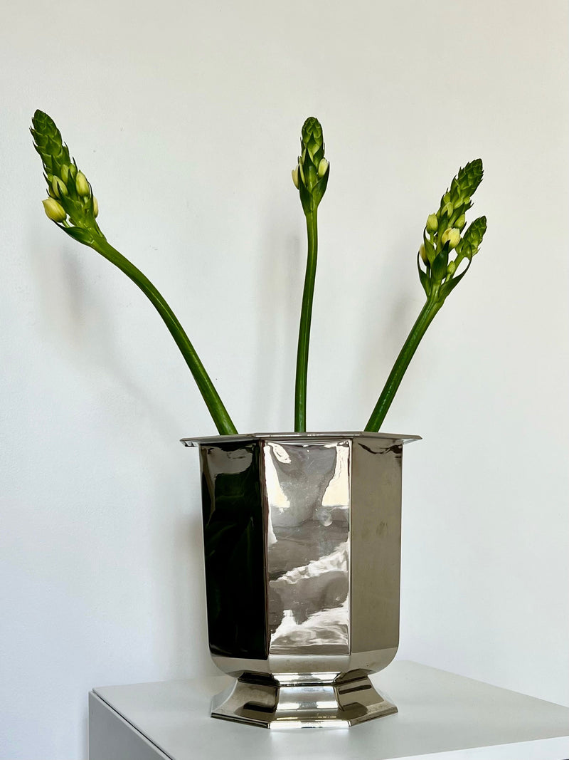 Three green flower stems with unopened buds are arranged in a tall, shiny Manushi Heavy Silver Bucket, set on a white surface against a plain white background.