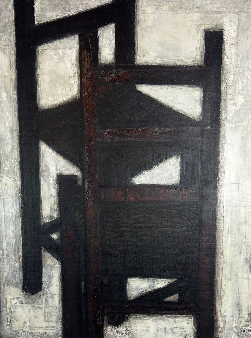 Abstract geometric painting with dark angular forms and white spaces by Erwin Eichbaum