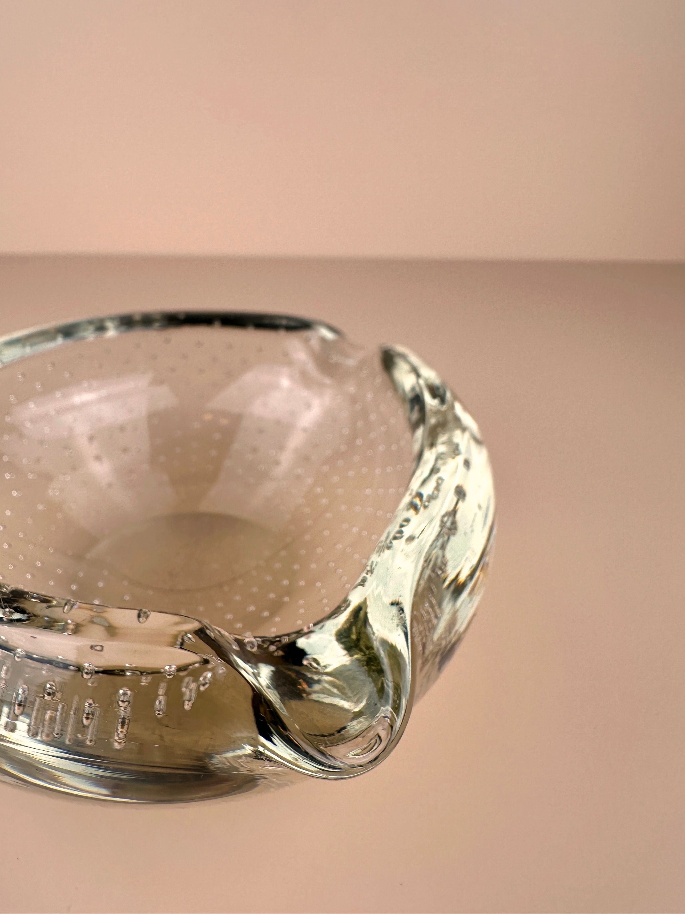 Beautiful mid-century Murano glass ashtray in vibrant yellow with intricate Bullicante technique