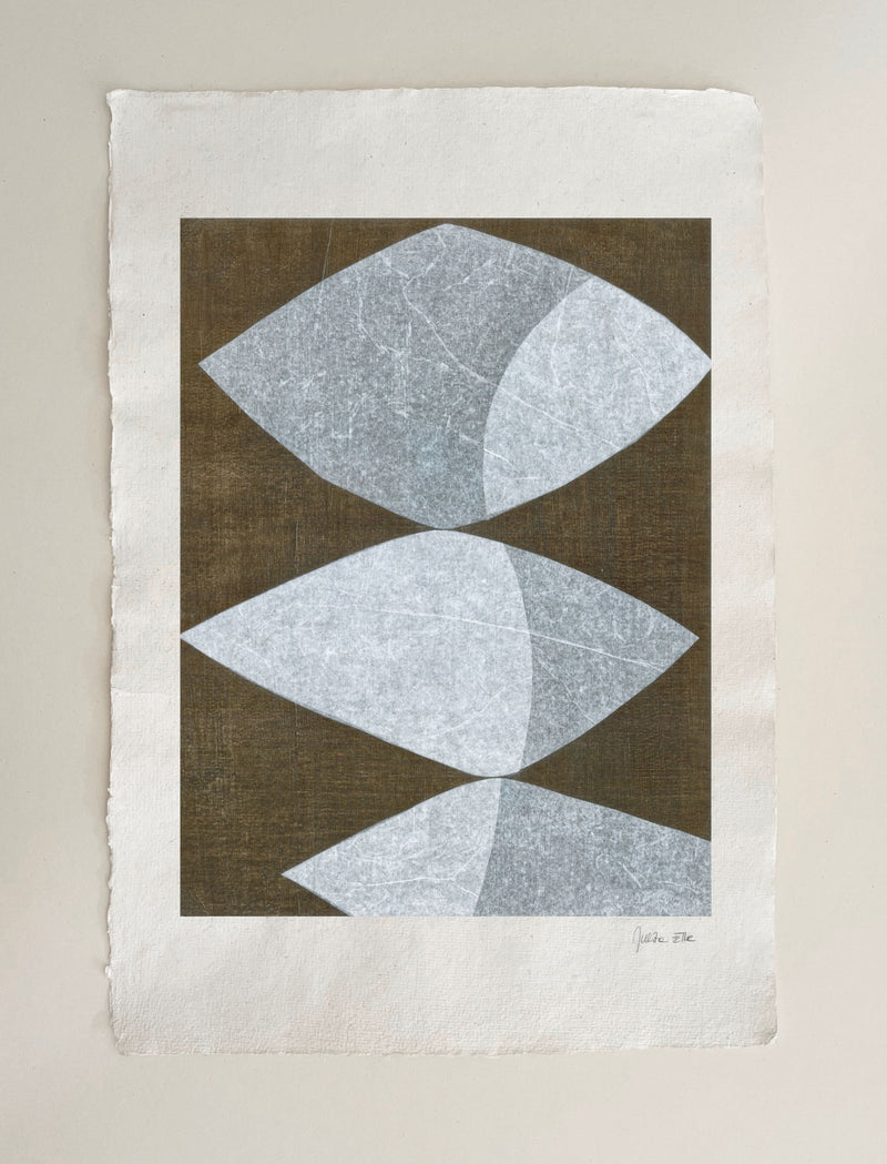 Abstract geometric mixed media artwork with three diamond shapes by Julita Elbe
