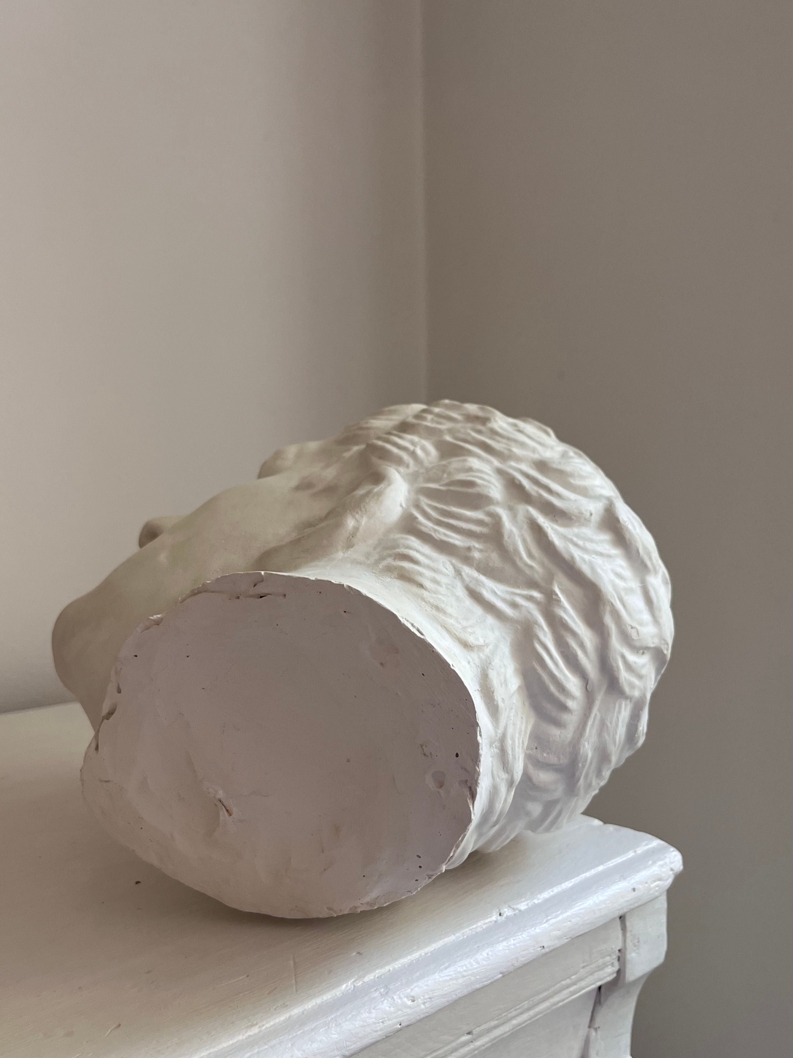 An Italian Male in Plaster by Médecine sits on its side atop a cream-colored wooden surface, revealing the durable plaster and inner material at the cleanly severed neck. The background is a plain, beige wall, evoking a minimalistic and somber atmosphere.