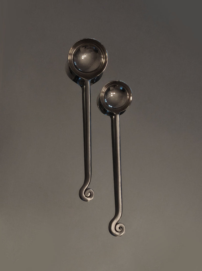 Polished steel serving spoons with elegant spiral handles