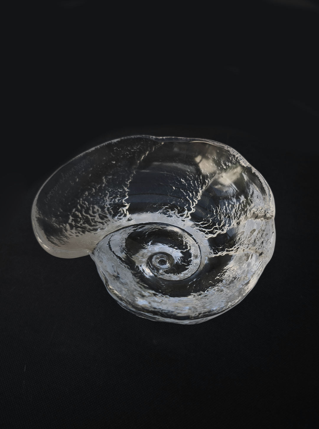 The Glass Shell Vide-Poches by Les Objoies is a transparent, shell-shaped sculpture made from heavy textured glass. It features a spiral design and is set against a dark background, accentuating its intricate textures and curves with remarkable detail.