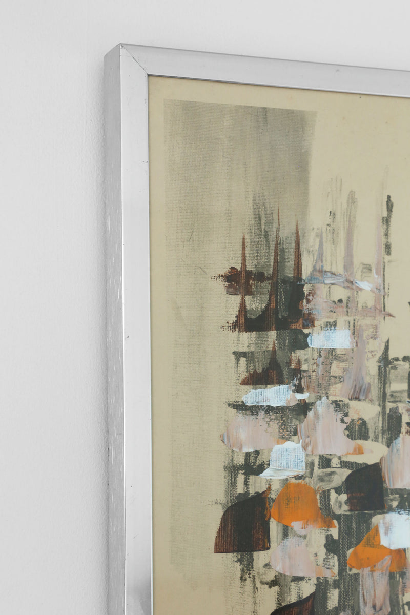 Abstract painting with orange, blue and dark tones in white frame