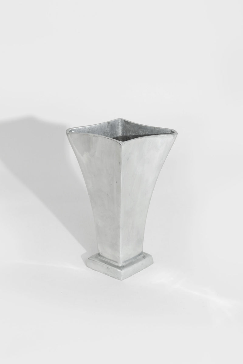 Chrome tulip vase with flared square opening and tapered base