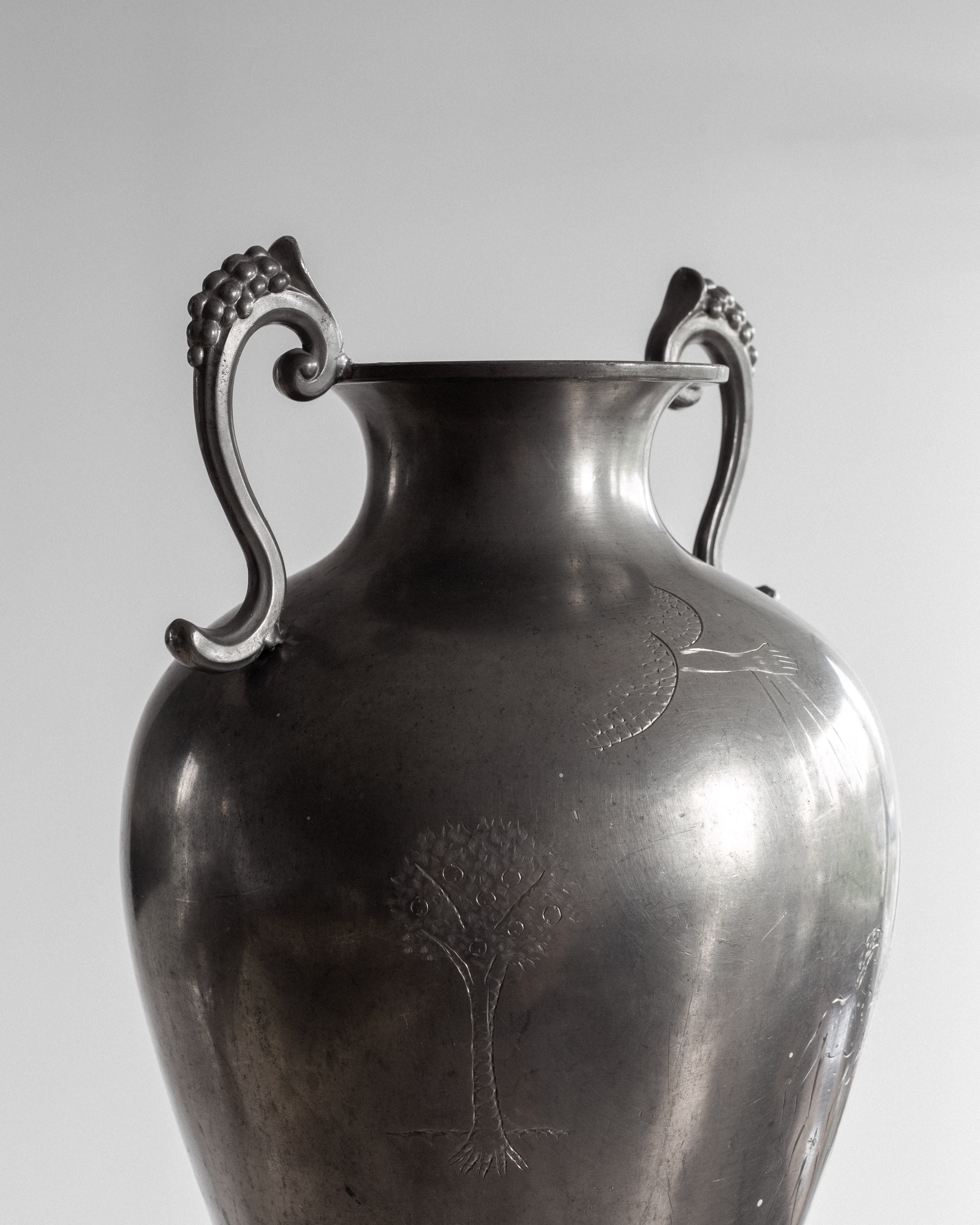 Large Swedish Art Deco Adam & Eve Pewter Amphora, 1930s