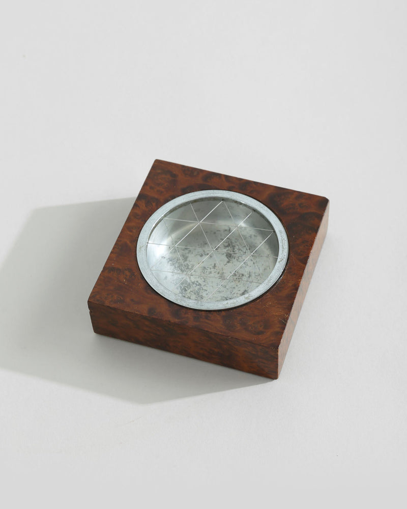 Burl wood ashtray with etched glass insert, mid-century design