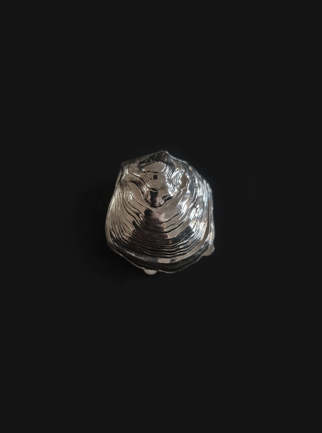 The Small Oyster Box by Les Objoies is a silver sculpture with a topographical map design, featuring a polished finish and layered contours. It sits elegantly on a dark background, making it a unique gift for art enthusiasts.