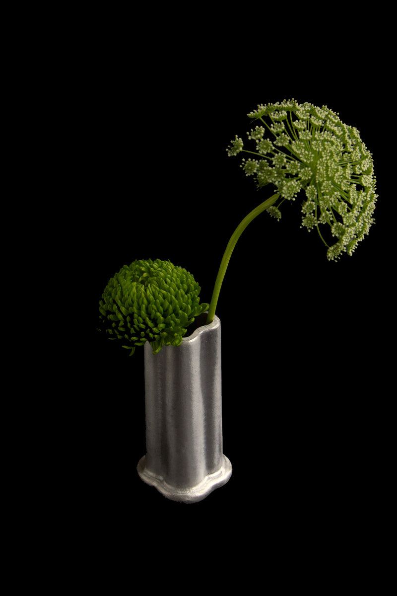 Bask aluminum vase with green chrysanthemum and Queen Anne's lace