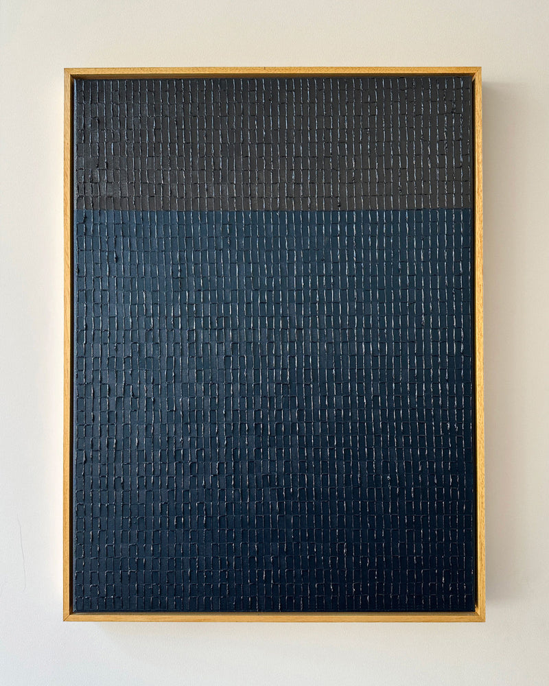 Prussian Black textured painting with grid pattern by Roi Elmaliah