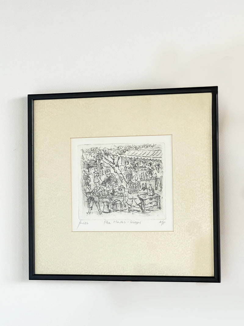 Framed charcoal sketch of bustling flea market scene by Porter Studio