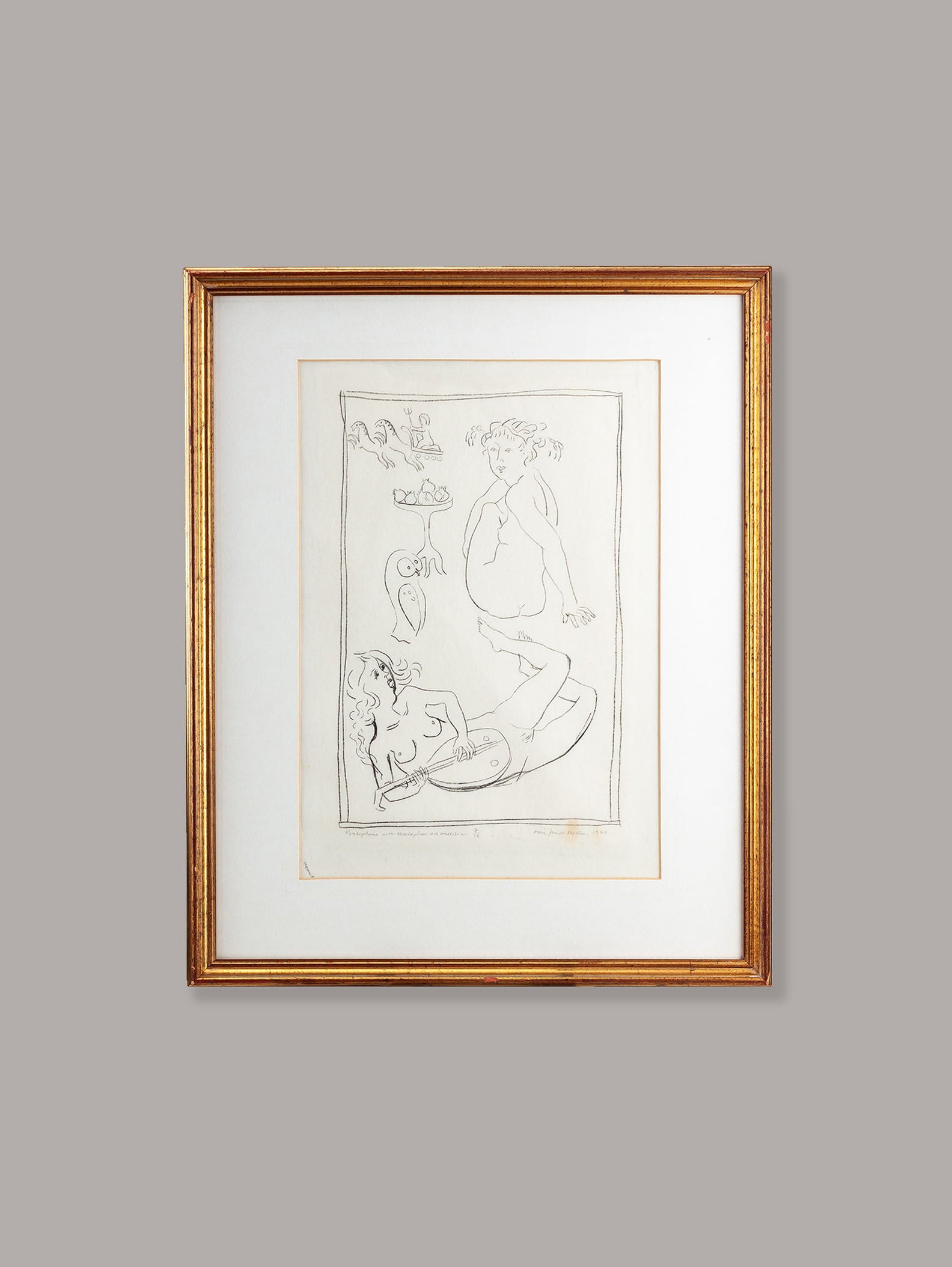 This Limited Edition Lithograph 1 by Eric James Mellon (1925-2014) from RELIC LONDON presents a framed ink sketch with abstract figures, including a reclining figure, on white paper within a rectangular border, all in an elegant gold frame.