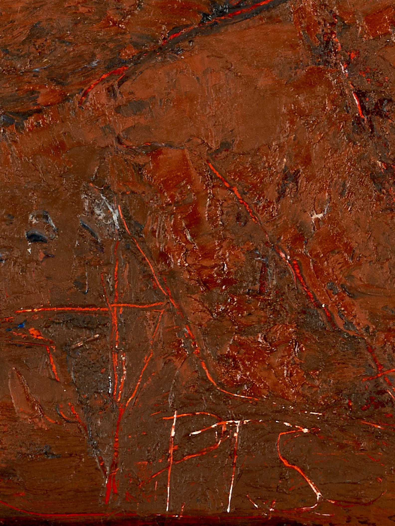 The textured surface of Painting Composition by Petrus Ten Siethoff for RELIC LONDON resembles oil on panel, with reddish-brown hues and faint etched lines forming shapes. Bold red lines contrast against a subtly blended background, creating a rough, earthy look reminiscent of the artist's style.