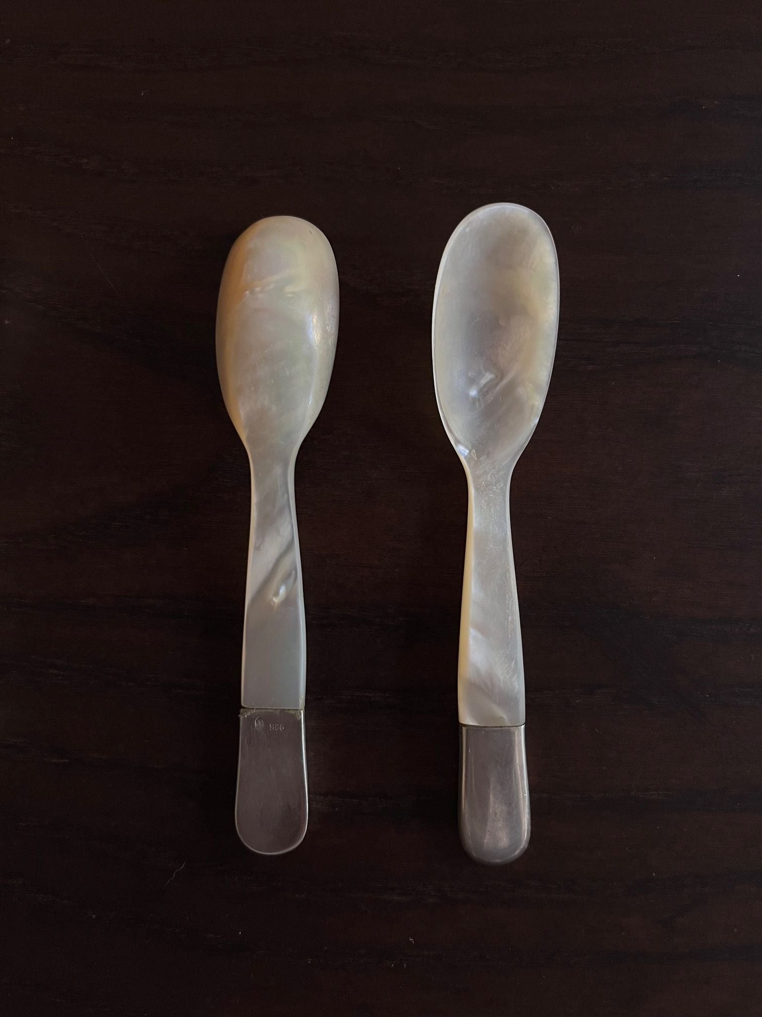 Antique Mother of Pearl Caviar Spoons with Sterling Silver Details