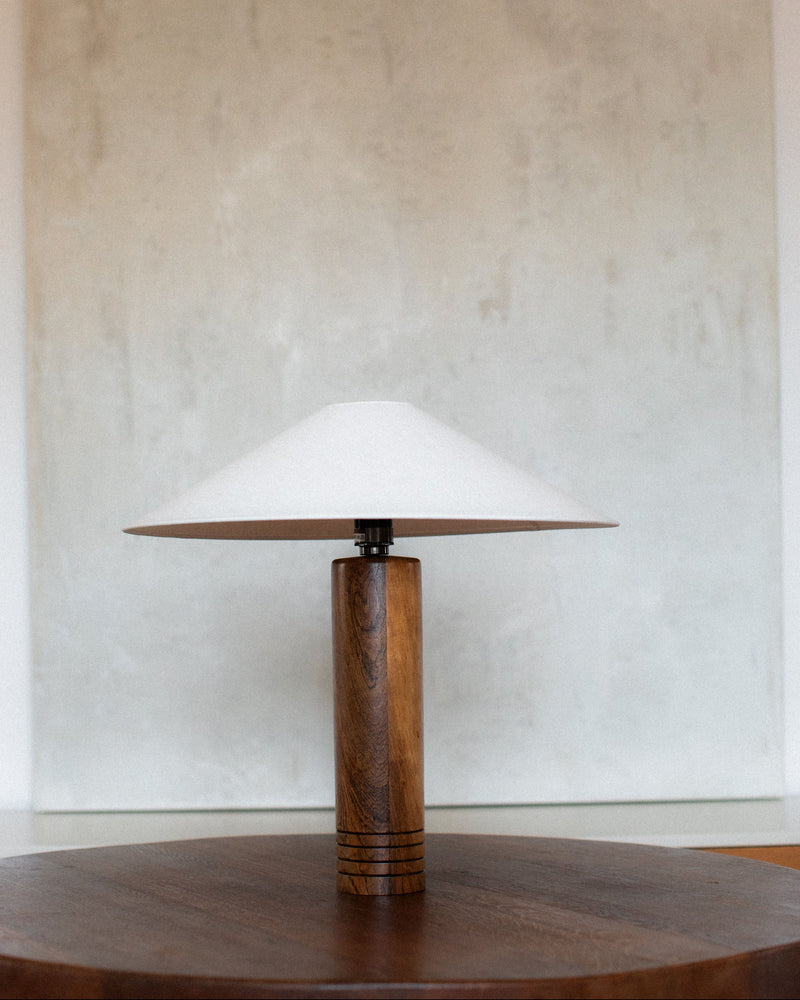 1960s wooden cylindrical table lamp with white dome shade