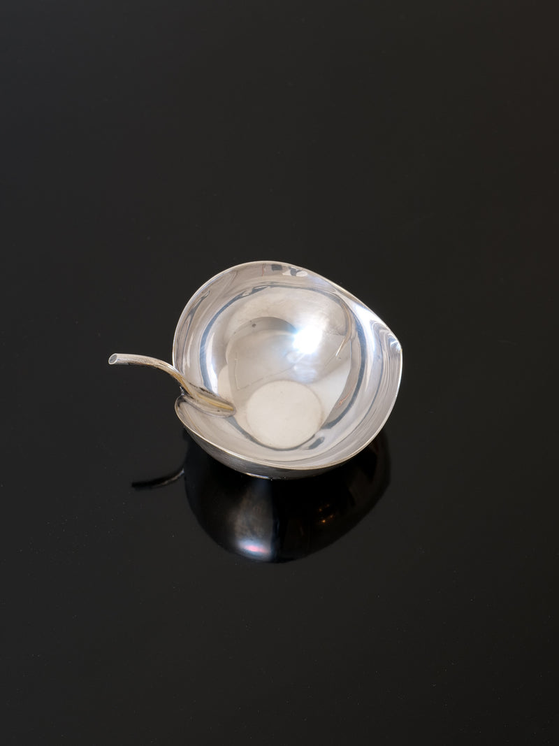 A sleek, modern Christofle Leaf Bowl from Collection Apart, paired with a matching spoon, rests on a glossy black surface, creating a sophisticated and minimalist reflection. The smooth, curved edges of the bowl enhance its elegant design, embodying the timeless artistry reminiscent of Lino Sabattini.