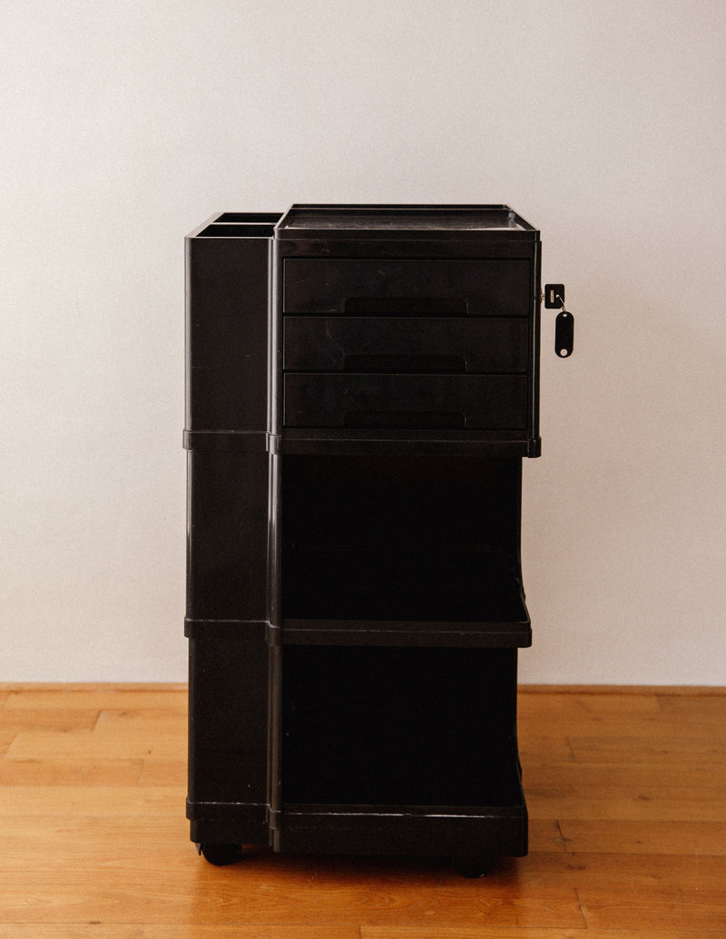 Black modular storage trolley by Giovanni Pelis side view