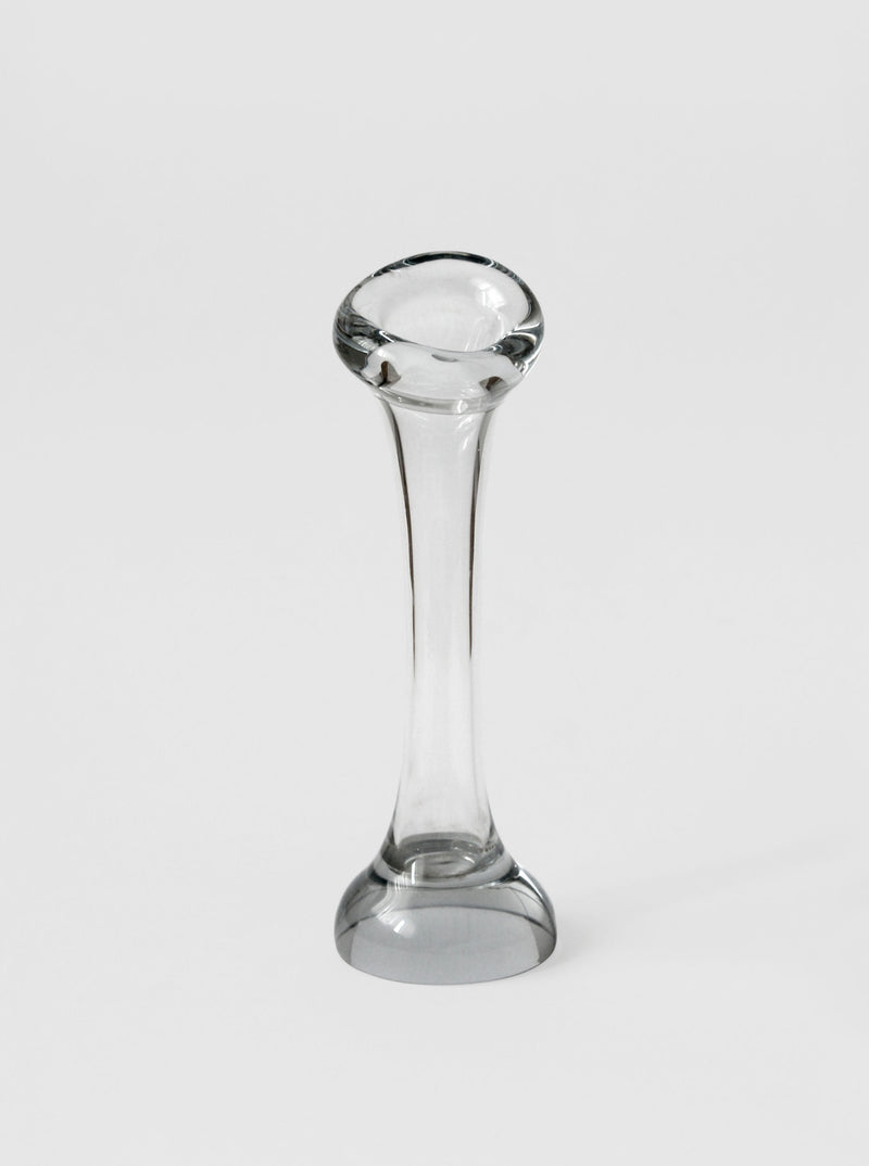 Clear glass solifleur vase with slim stem and round base, 1960s