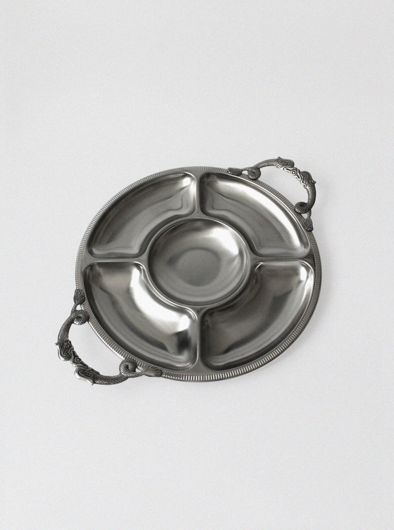Brushed stainless steel sectioned serving tray with ornate handles