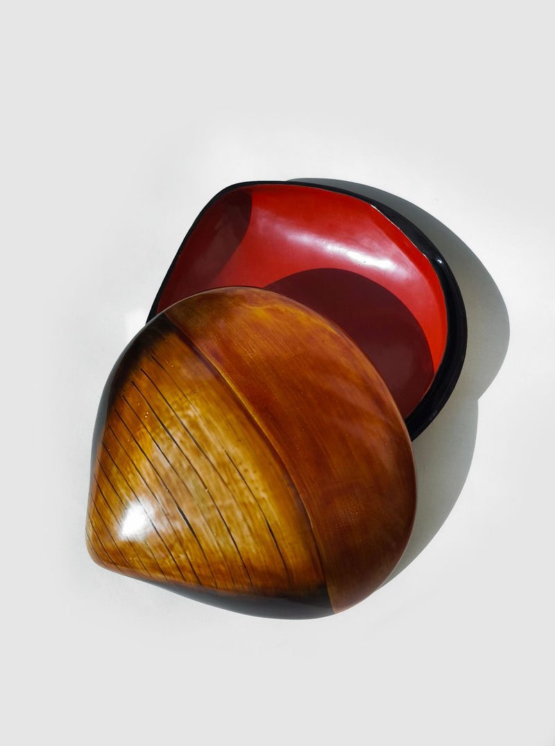Large Bakelite shell box open showing red lacquered interior