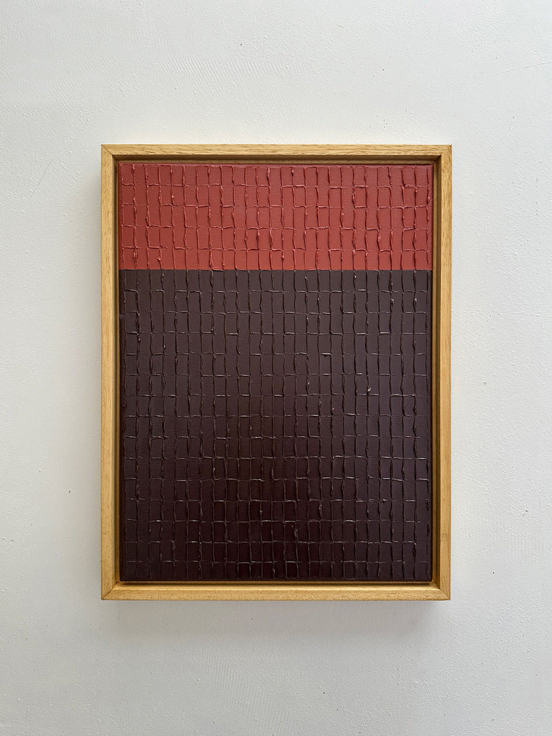 Textured Indian red mud painting with geometric grid pattern by Roi Elmaliah