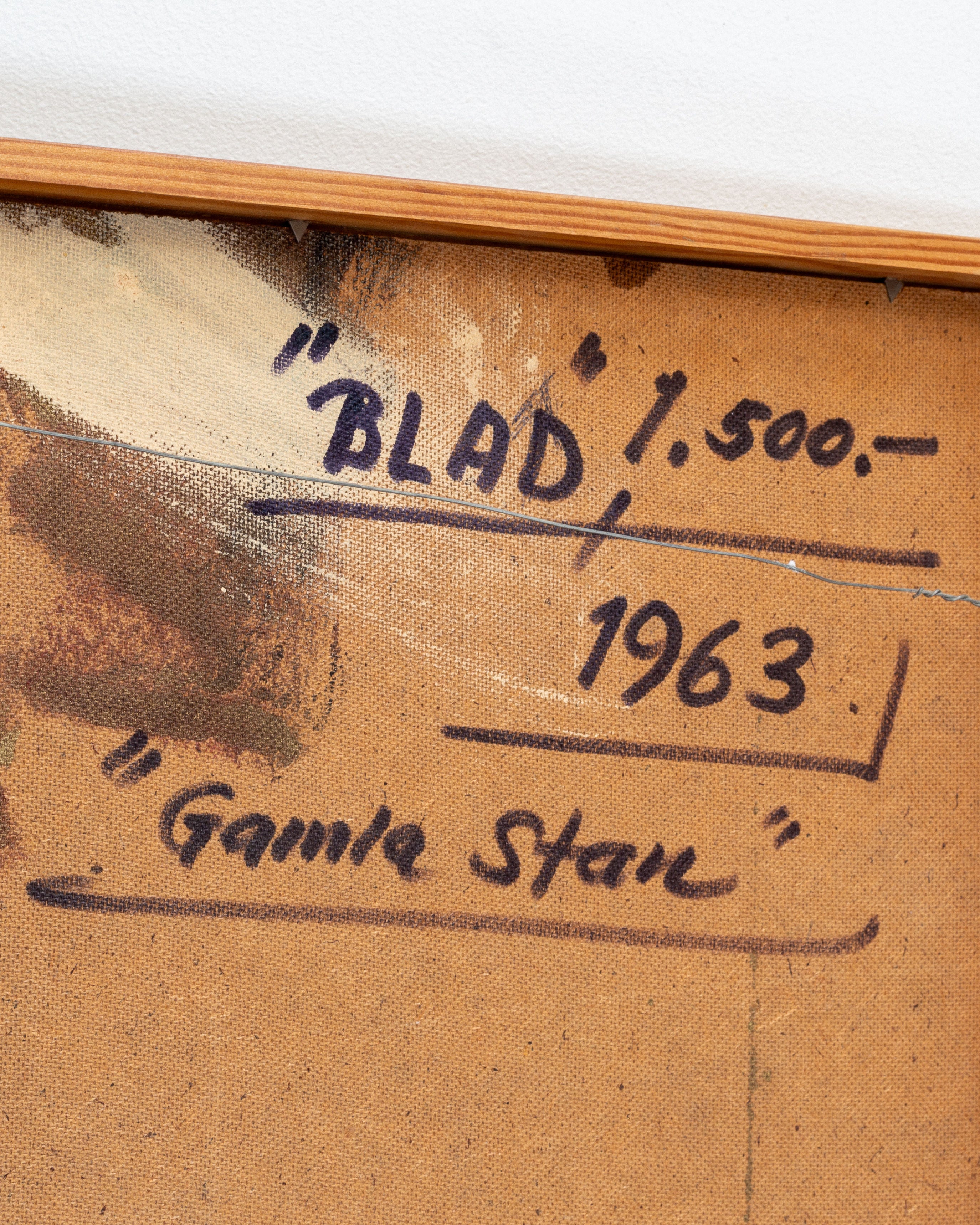 A close-up of a canvas back with handwritten text: "BLAD" 1.500.-, 1963, "Gamla Stan." This mid-century modern Scandinavian art piece by Spigel, titled "Leaves," is framed in wood and reflects the abstract, nature-inspired style typical of Lars Bergander's work.