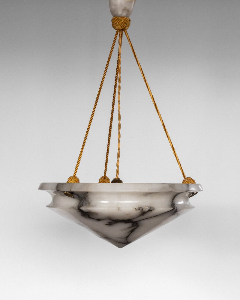 The Art Deco Diamond Alabaster Pendant by Spigel features a white marble alabaster bowl with dark gray veining, suspended from three golden cords—ideal as statement lighting in any space.