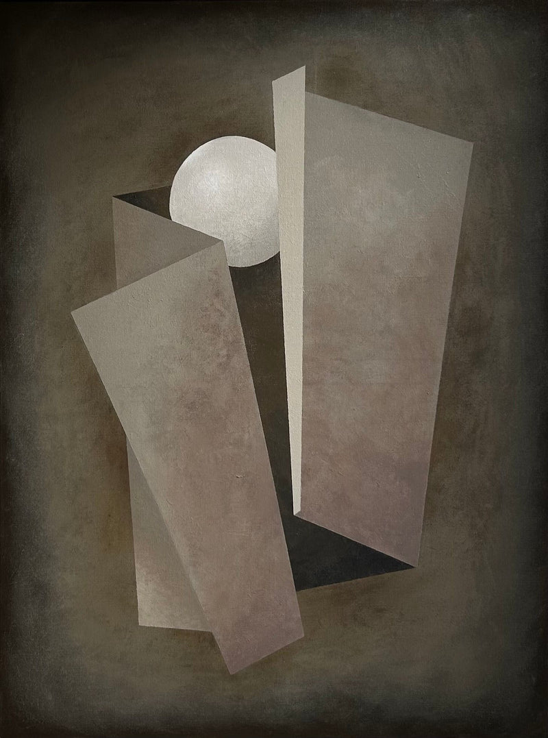 Unfolding" by Iris Bavelaar is an abstract acrylic on linen, depicting three intersecting beige and brown rectangles with sharp angles and a white sphere behind the center panel, set against a dark, softly blended background.