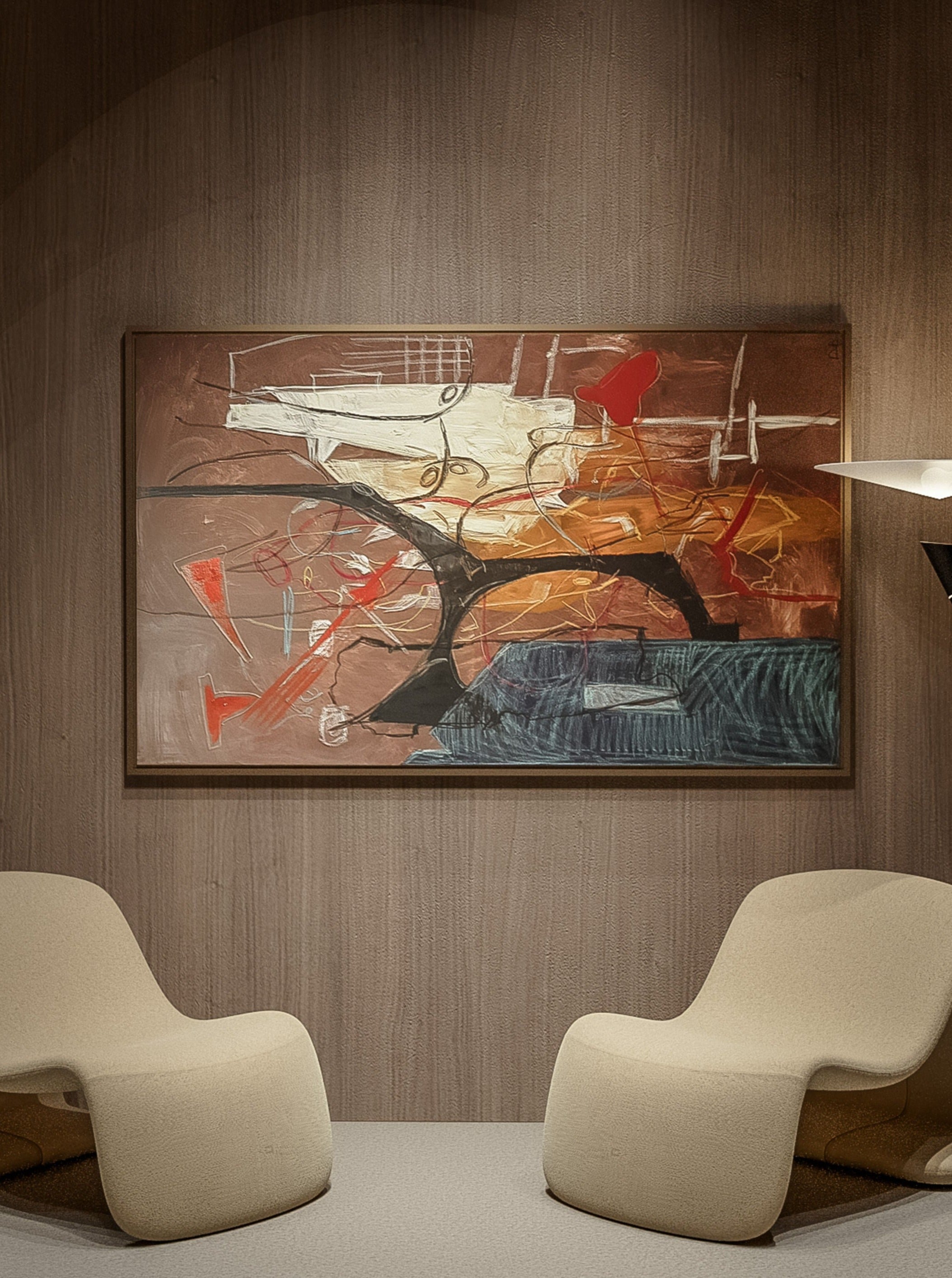 A modern living space features two beige lounge chairs with smooth curves, positioned facing a large abstract painting on a wooden wall. The artwork, **Daring - Acrylic, oil pastel, charcoal on canvas** by **Dovile Bernotaite**, displays varying shades of brown, white, red, and blue with expressive swirling lines. A unique floor lamp stands nearby.