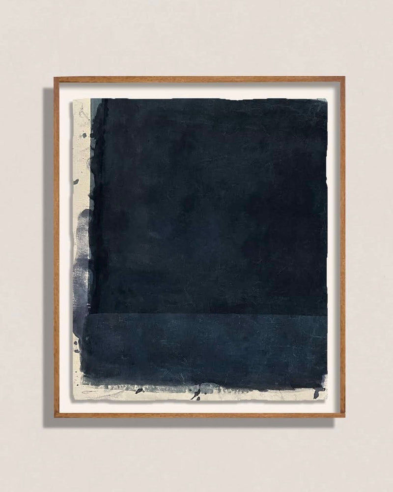 St Ives abstract painting in Paynes Gray pigment on raw canvas