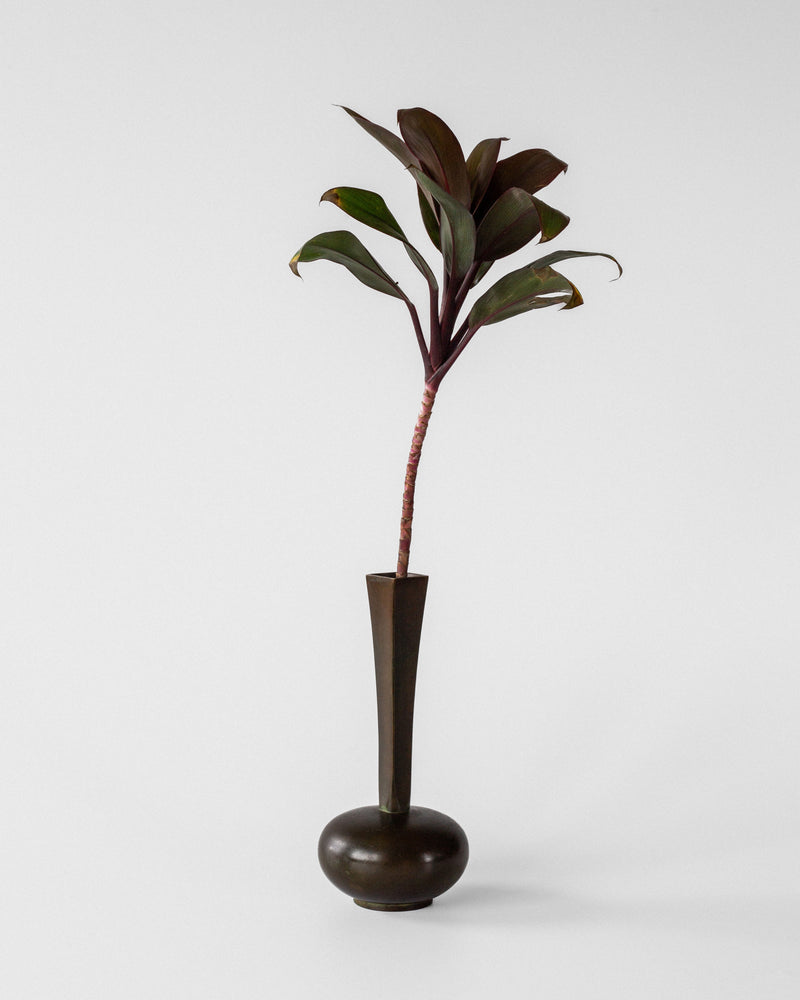 Vintage bronze vase with dark patina displaying elegant stem