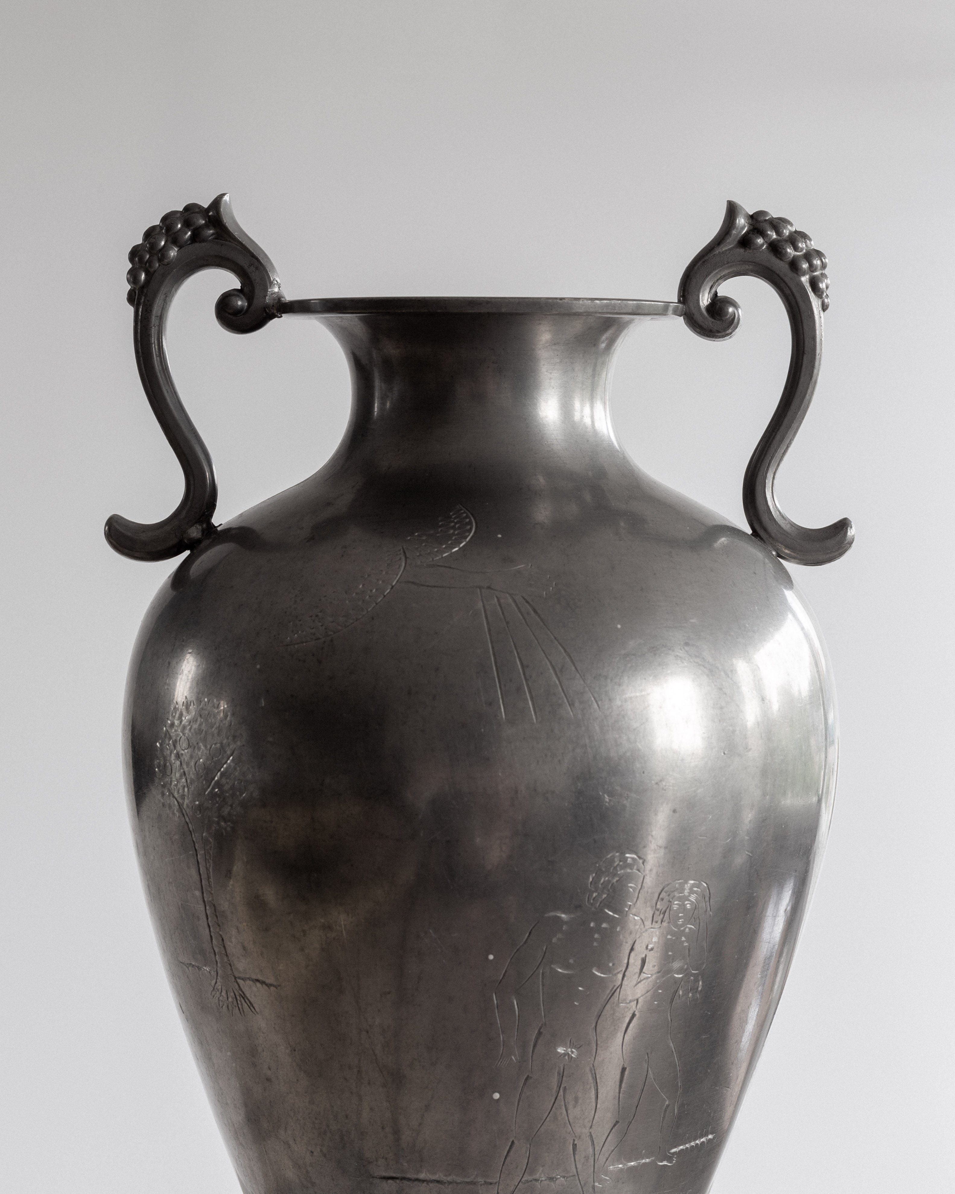 Large Swedish Art Deco Adam & Eve Pewter Amphora, 1930s
