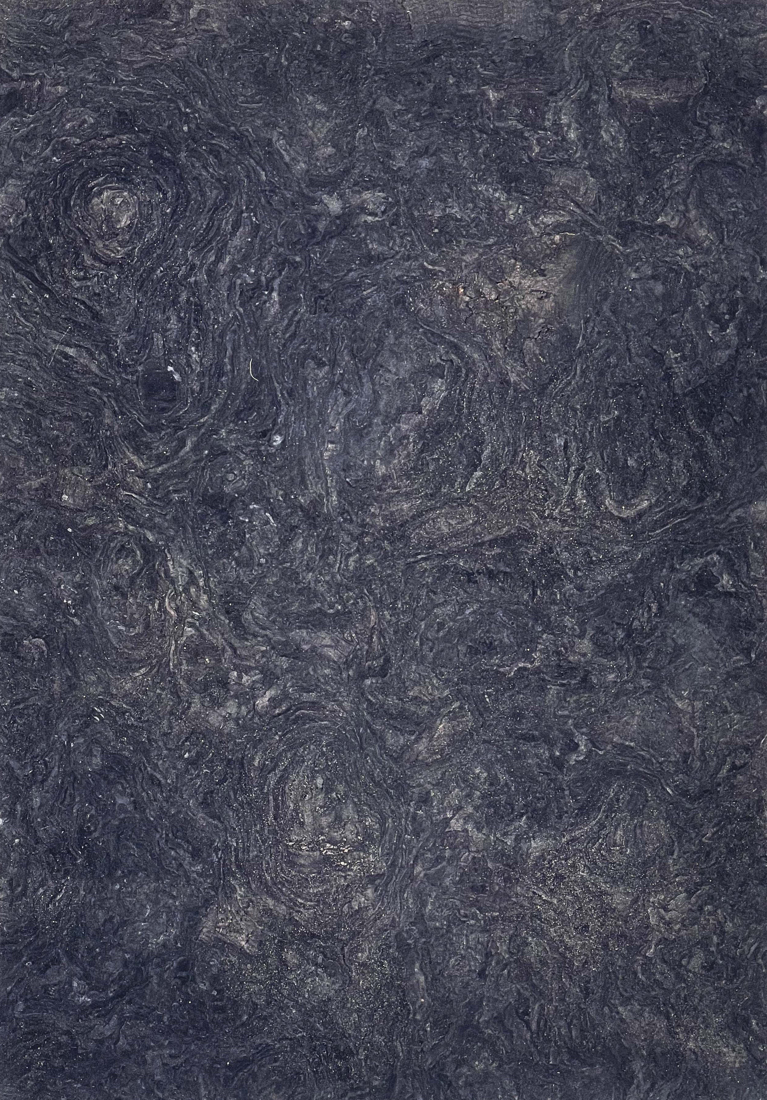 The Meï 02 Stool Bar by volta features a dark, textured surface with swirling gray and black patterns, reminiscent of stone or a cosmic nebula—ideal for custom designs and adding depth and movement to any space.