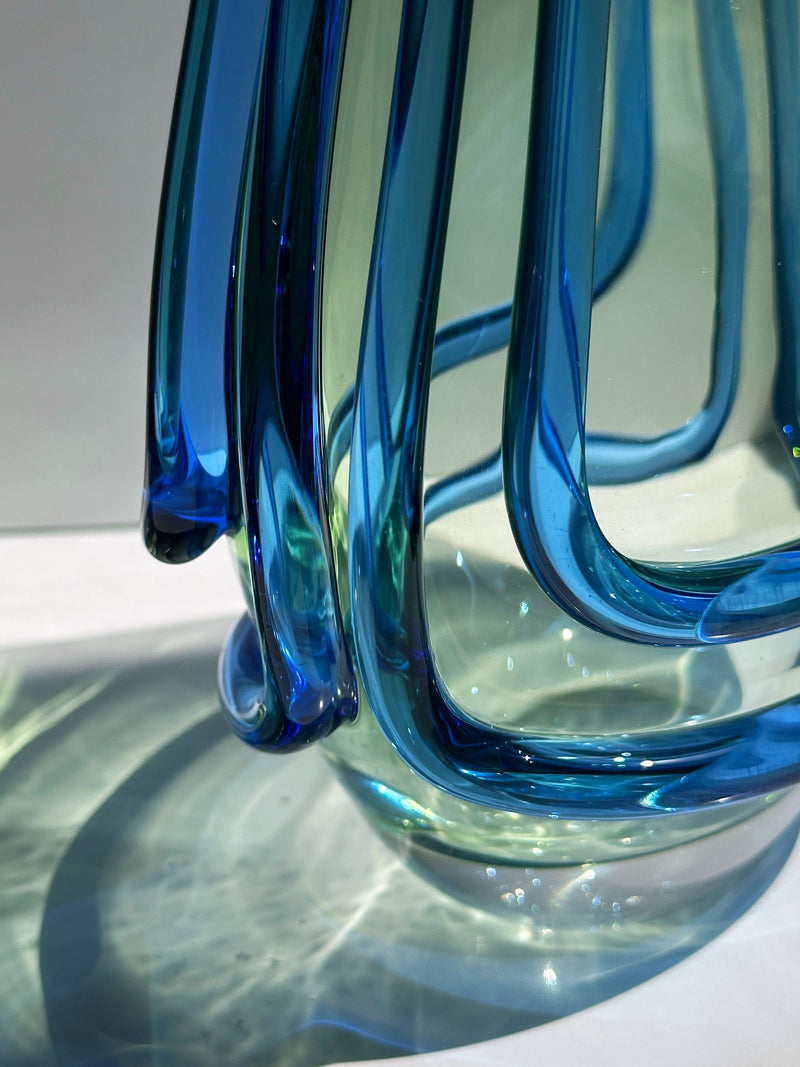 Blue glass tubes and curved forms detail of 1950s Bohemian vase