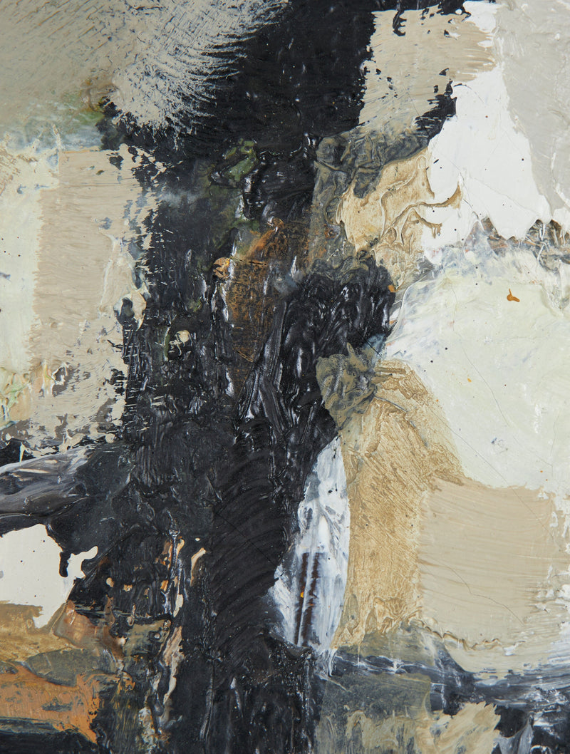 Abstract oil painting detail with bold black brushstrokes on beige canvas