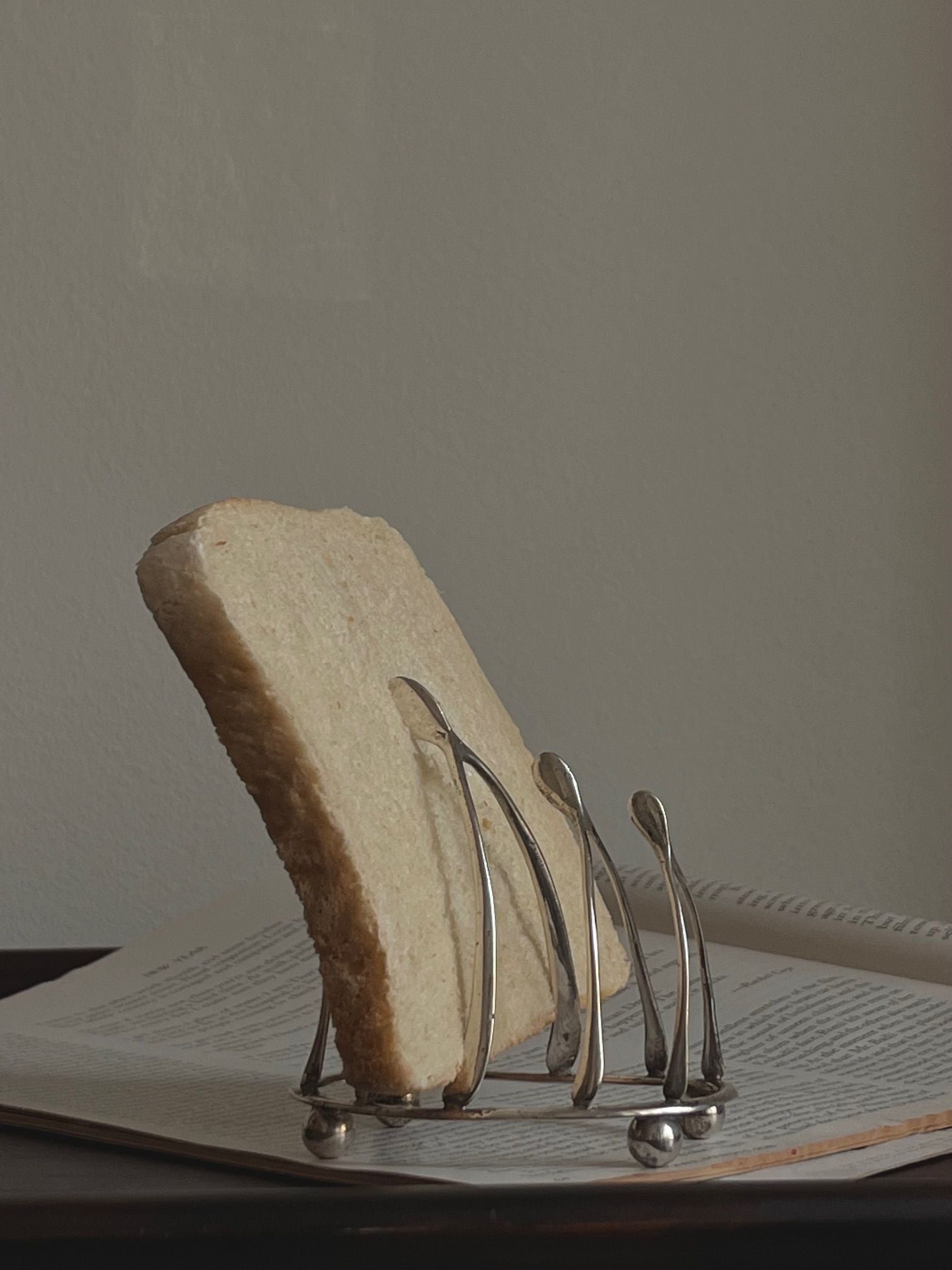 A slice of bread stands upright in a Médecine Wishbone Silver Toastrack on an open book, set against a plain background. Soft light highlights the bread's texture and the toastrack's elegant silver curves.